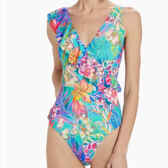 Johnny Was Helena Ruffle Wrap One Piece Floral Print Swimsuit M $228 - Picture 1 of 5